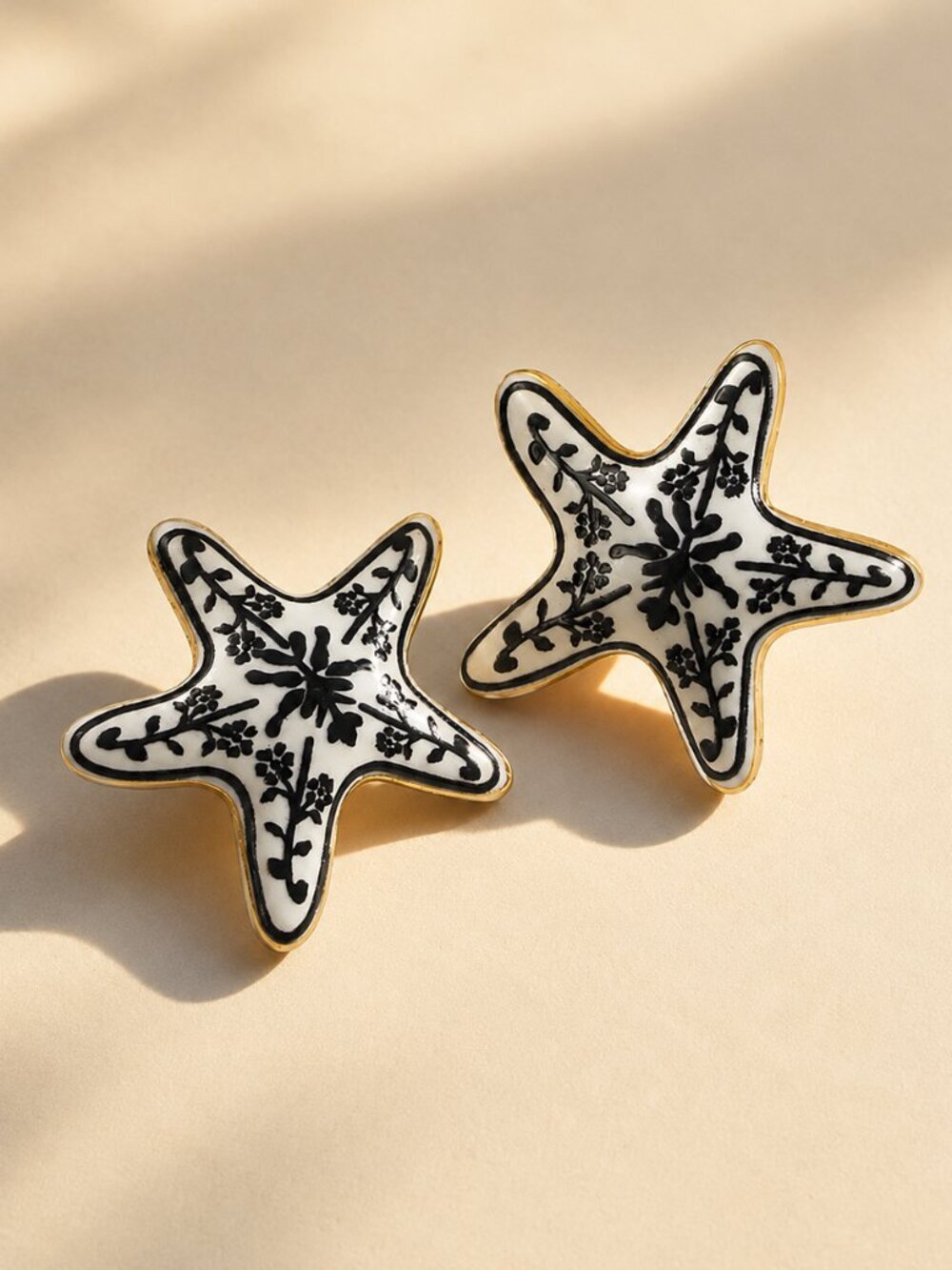 ✨ Ceramic Starfish Statement Earrings Black White Floral Gold Trim